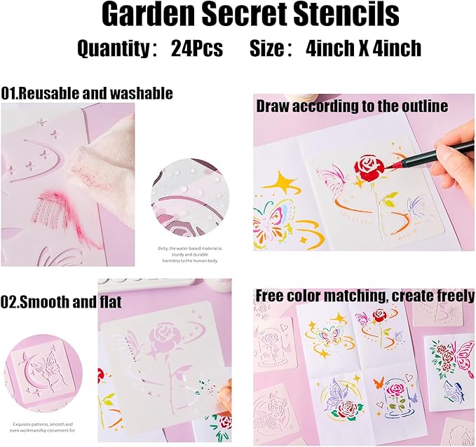 Garden Butterfly Theme Pattern Stencils Templates, Garden Butterfly Flower 24Pcs Designs Stencils for DIY Baking Cookies, Crafts, Wall, Canvas, Paper, Fabric, Manuscript, Cards Decorating Tools