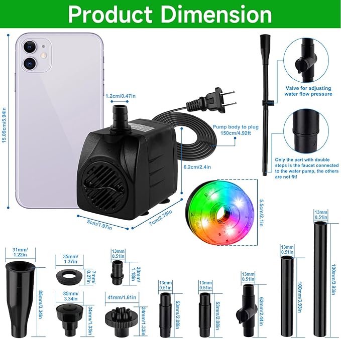 15W 800L/H Submersible Pond Fountain Pump with LED Lights, Ultra Quiet Water Pump, Pond Fountain Pumps for Small Pond, Koi, Garden, Aquariums, Fish Tanks, Indoor Outdoor Fountain 3 Type Nozzles