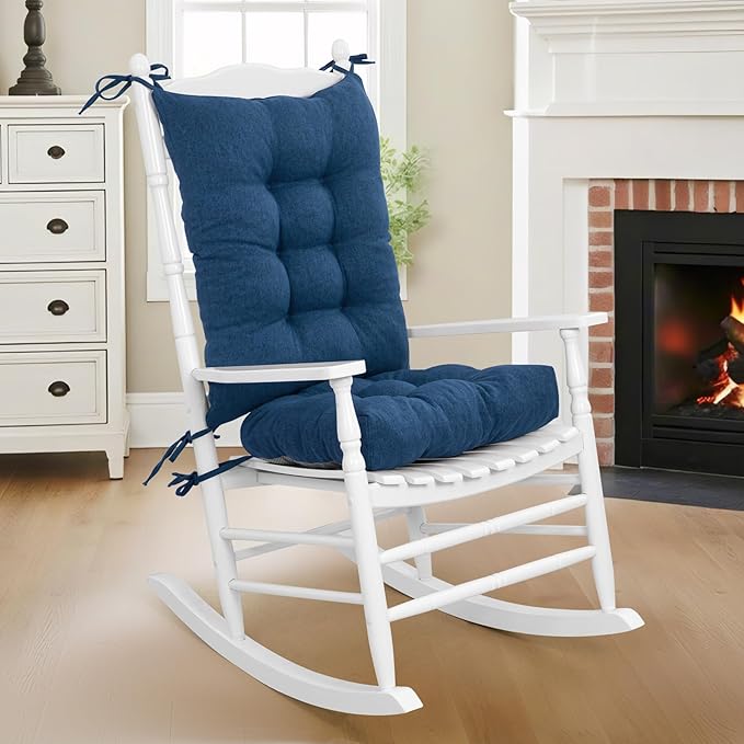 Lokex Rocking Chair Cushion 4 Inch Extra Thick, Cushions for Rocking Chairs Set of Seat and Back with Ties, Linen Fabric Indoor Outdoor Rocker, 17x21 & 17x17 Inches (Dark Blue)