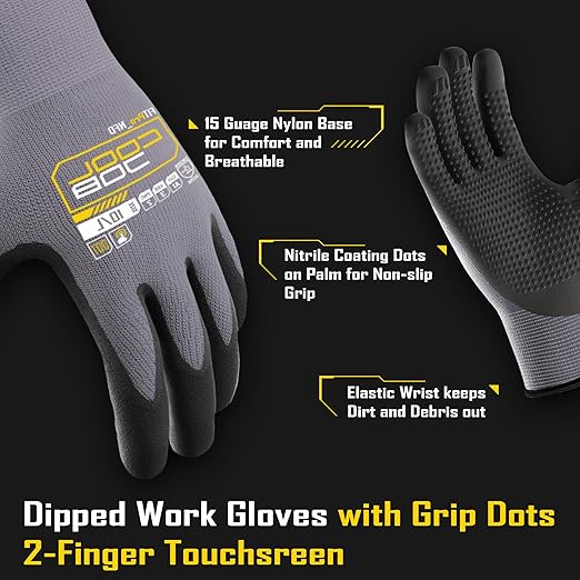 COOLJOB 3/12/36 Pairs Nitrile Rubber Dipped Safety Work Gloves with Grip Dots, Seamless Knit Nylon Gloves with 2 Fingers Touchscreen, Non-slip Coated for Warehouse, Home Improvement, Yard, Grey Large