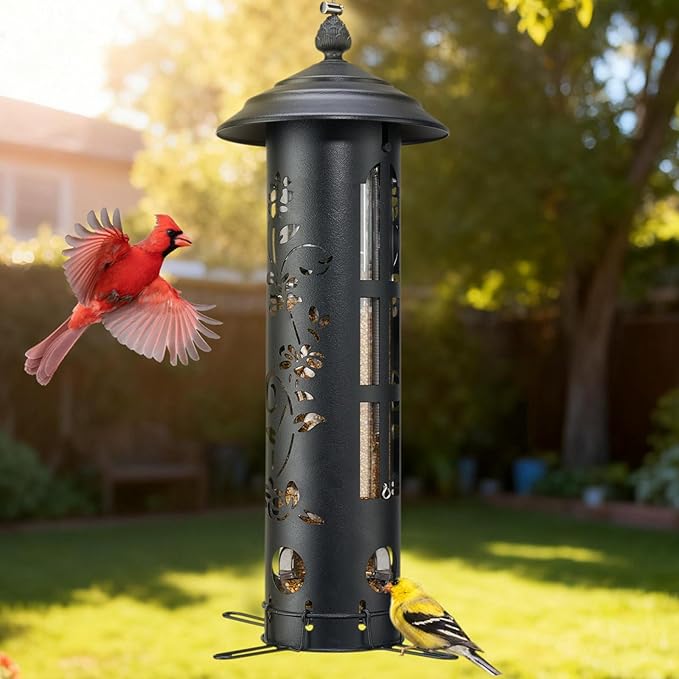 Veehoo Squirrel Proof Bird Feeder for Outdoors, Hanging Wild Bird Feeder Anti Squirrel with Weight-Activated Perches, Metal Cardinal Finch Feeder Outside Decorative for Thistle and Mixed Seed, Black