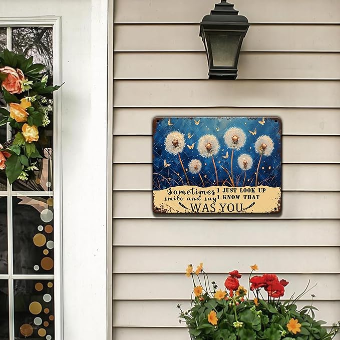 Dragonfly Dandelion Vintage Tin Sign Just Look Up Smile Say I Know That Was You Wall Art Decor for Home Living Room Bedroom Office Cafe Decoration 12x8 Inch