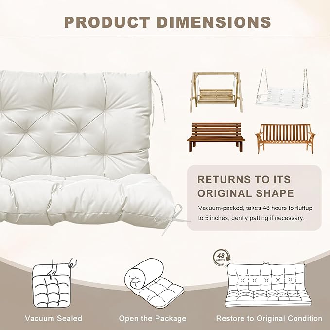 Porch Swing Cushion with Backrest, Waterproof Bench Cushion for Outdoor Furniture, 2-3 Seater Replacement Thickened Swing Cushion with Ties, Patio,Outdoor, Backyard and Garden (Cream,40x40in)