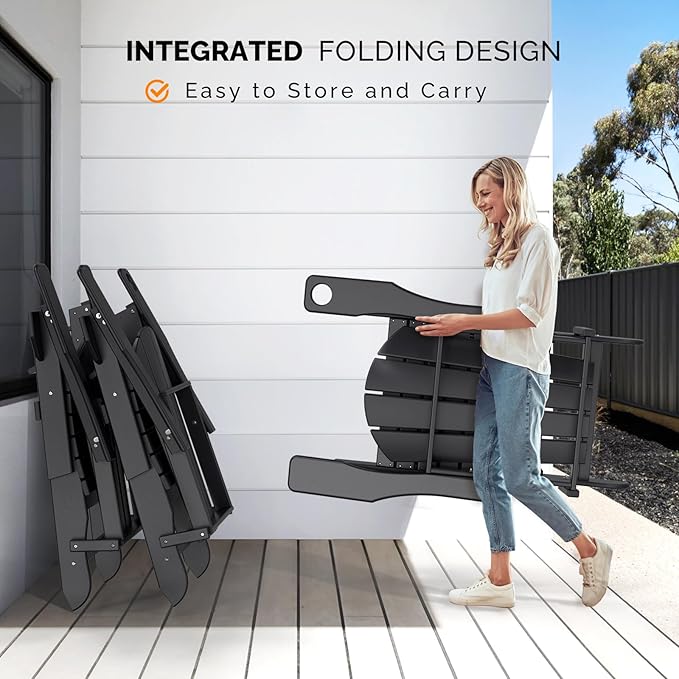 VINGLI Folding Adirondack Chair with Ottoman, Waterproof Plastic HDPE Firepit Chair for Outside with Hidden Footrests, Foldable Ergonomics Seating for Patio Porch Yard Garden(Black)