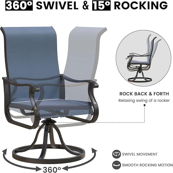 Patio Swivel Chairs Set of 2, Outdoor Dining Chairs with High Back, All-Weather Swivel Rocker Chair for Lawn, Porch or Garden (Navy)