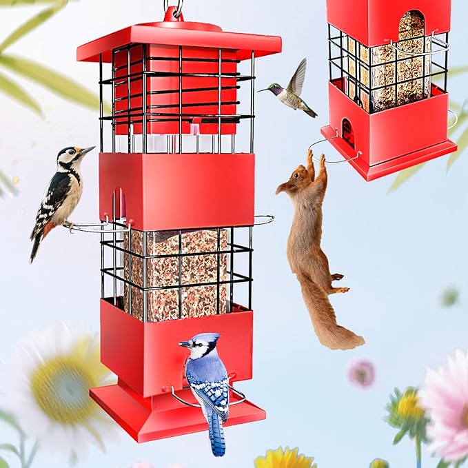 Bird Feeder Squirrel Proof for Outdoors Hanging, 3Lbs Metal Heavy Duty Birdfeeder with 4 Feeding Ports, Wild Birds Seed Feeder for Cardinal, Finch, Sparrow (Red)