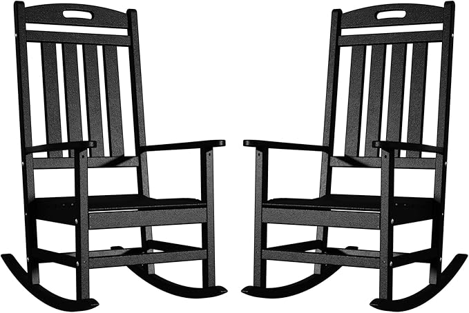 Outdoor Rocking Chair Set of 2, All-Weather Resistant Poly Lumber Rocker Chair Outdoor, High Back Plastic Patio Rocking Chairs for Outside Porch Rocker Garden Lawn, Black
