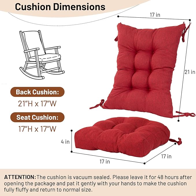 Lokex Rocking Chair Cushion 4 Inch Extra Thick, Cushions for Rocking Chairs Set of Seat and Back with Ties, Linen Fabric Indoor Outdoor Rocker, 17x21 & 17x17 Inches (Red)