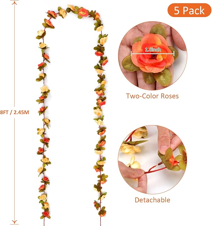 KHOYIME 5 Pack 40 FT Artificial Flower Garland, Fake Orange Roses Vines Silk Flowers Faux Plastic Outdoor Hanging Floral Garland Fall Autumn Decoration for Indoor Table Home Wall Backdrop Room Decor