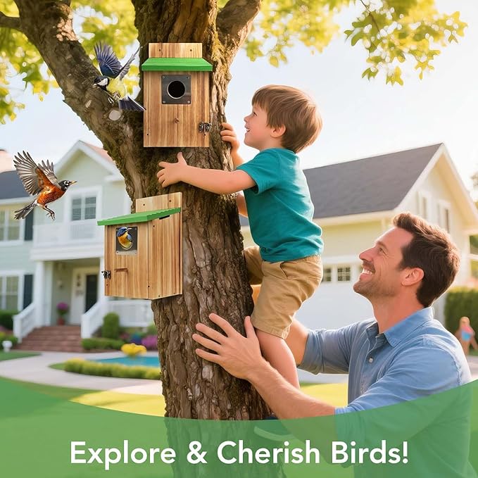 Bird Houses for Outside - Cedar Bluebird Houses with Metal Predator Guard, Birdhouse for Wren Bluebirds Finches Swallows, Carbonized Wooden Birdhouse