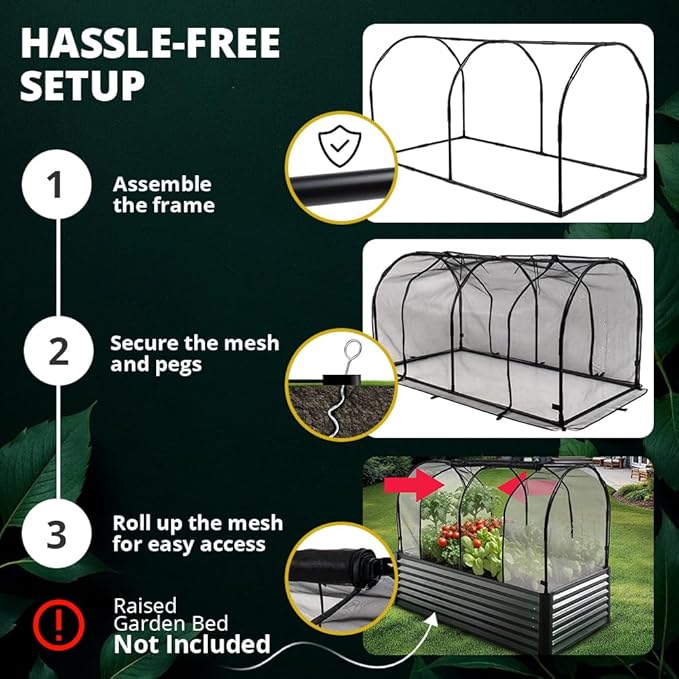 Raised Garden Bed Cover for 6x3 - Premium Black Fiberglass Mesh with Steel Frame for Natural Pest Protection - Dual Zipper Access Crop Cage
