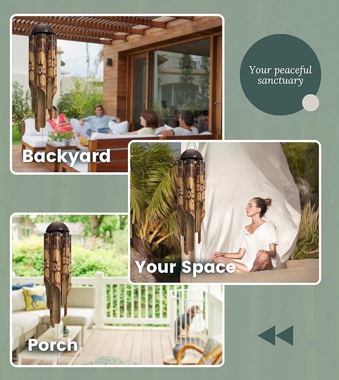 Rustic Bamboo Wind Chimes - Outside Outdoor Wooden Windchimes, Large, Floral Burned Design with Coconut Crown, Handcrafted with Calming Deep Tones, Home Decor, Ideal Gift for Him & Her