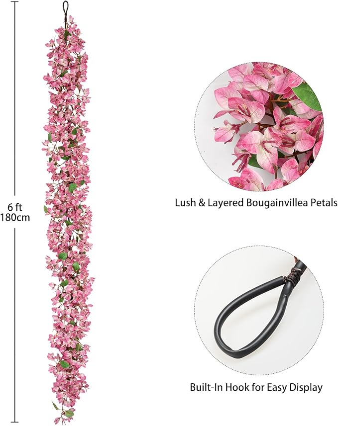 Briful 6ft Bougainvillea Flower Garland – Artificial Silk Floral Vine with Built-in Hook Faux Flower Garland for Backdrop Table Wall Wedding Party Home Decoration(Pale Pink)