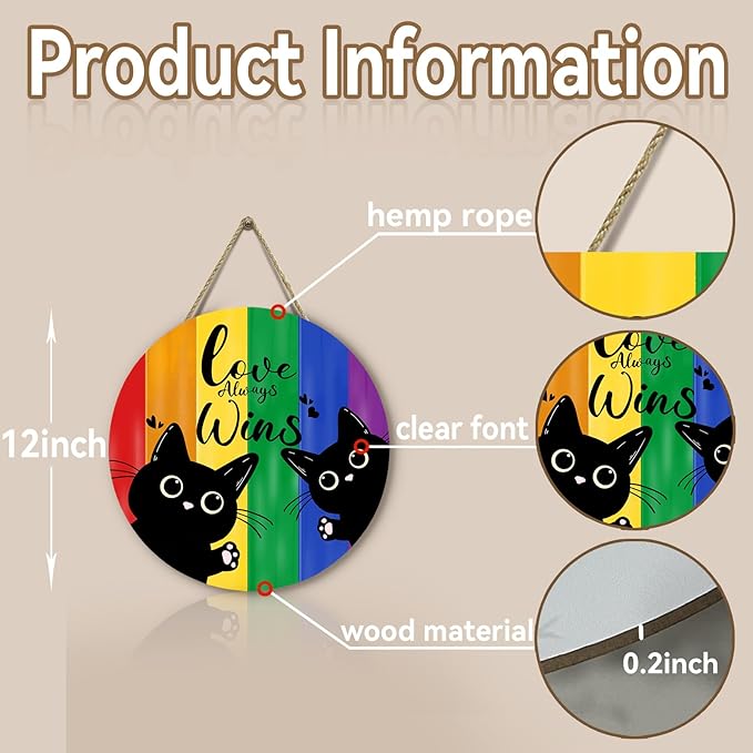 Gay Pride Love Always Wins Front Door Sign Rainbow LGBTQ Black Cat Lesbian Pansexual Wooden Door Hanger Outdoor Indoor Porch Signs Decor Pride Month Indoor Wall Hanging Decoration