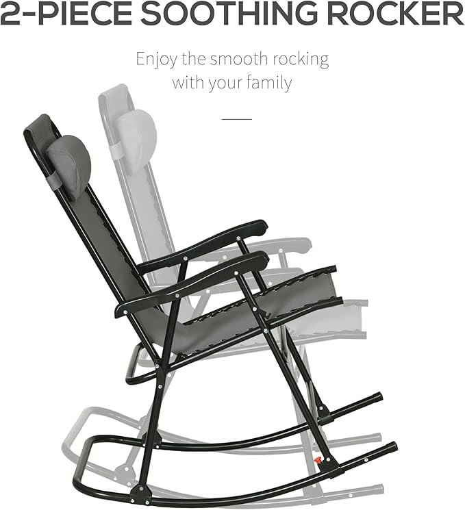 Outsunny 2 Piece Outdoor Rocking Chair Set, Patio Folding Lawn Rocker Set with Headrests for Yard, Patio, Deck, Backyard, Gray