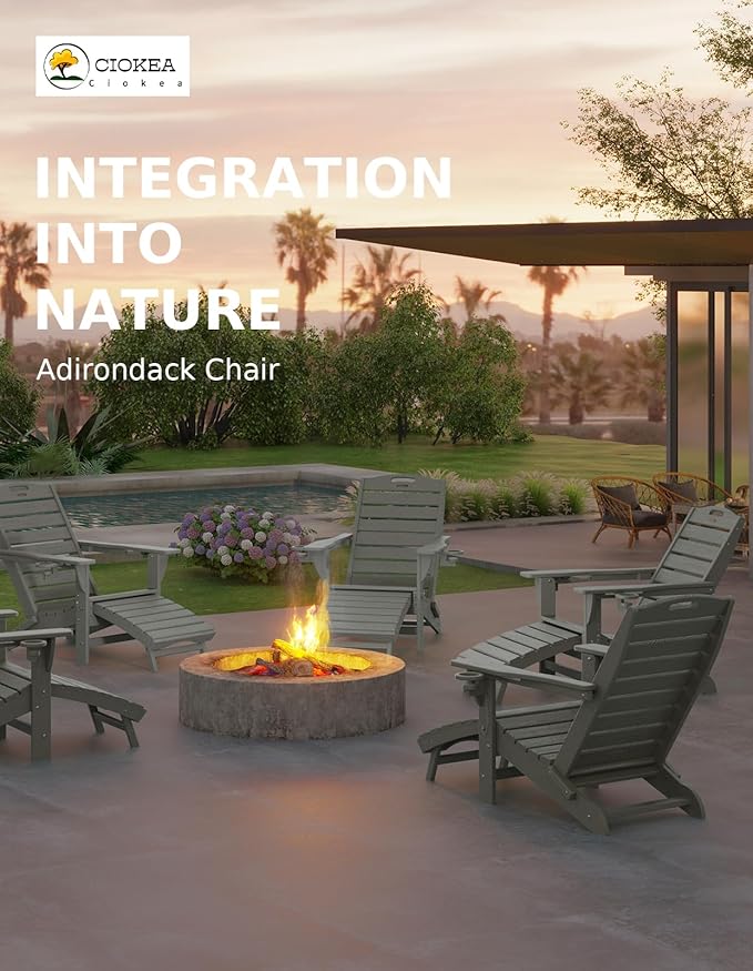 Ciokea Folding Adirondack Chair Set of 2 with Retractable Ottoman, Outdoor Fire Pit Chair with Pull Out Foot Rest Weather Resistant Lawn Patio Chair with 2 Cup Holder (Gray)