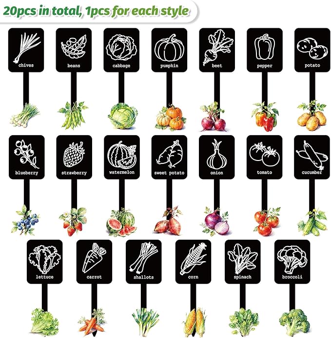Whaline 20Pcs Acrylic Vegetable Plant Label Signs 20 Styles Garden Markers Waterproof Black Plant Stake Tags with Names for Nursery Indoor Outdoor Garden Decor