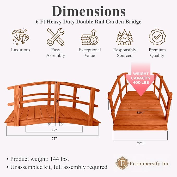 6 FT Cedar Amish Made Garden Bridge with Double Rails for Walkway, Backyard Pond & Landscaping, Outdoor Wooden Footbridge for Koi Pond, Japanese Style Decorative Bridge, Made in USA