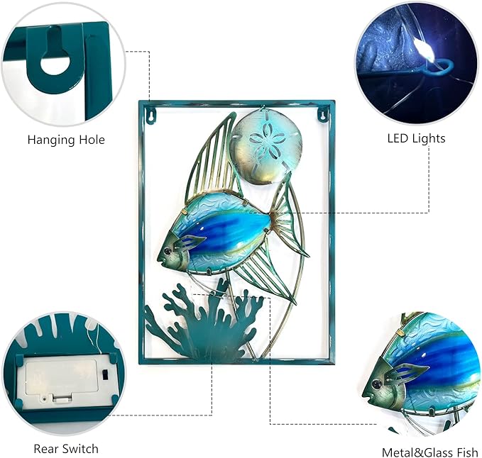 LIFFY Metal Fish Wall Decor with Frame-Outdoor Wall Art, Wall Decor with LED Fairy Lights, Fish Glass Art Wall Sculpture for Patio,Beach,Garden,Yard,Pool,home gift(2pcs, Blue)