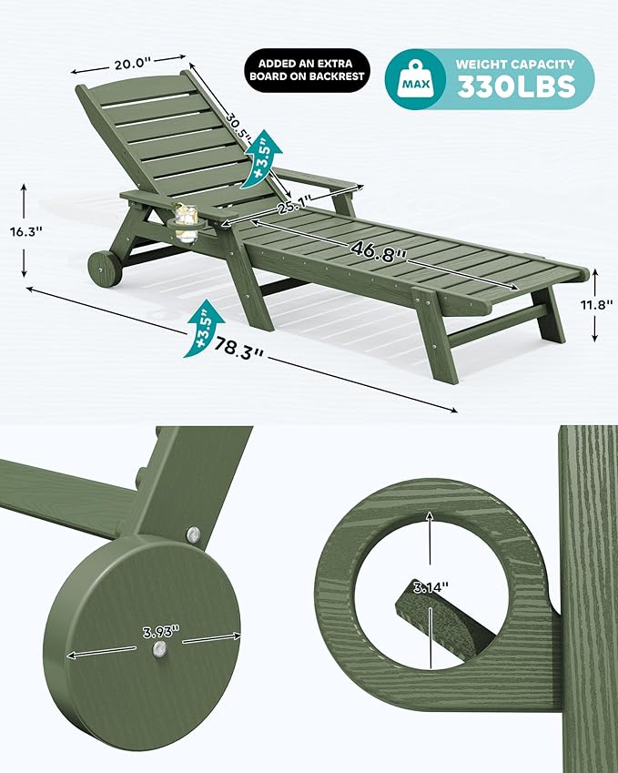 SERWALL Patio Chaise Lounge Chair, 78'' Long HDPE 5 Positions Adjustable Outdoor Lounger, Poly Lounge Chair with Rolling Wheels & Cup Holder for Pool, Avocado Green