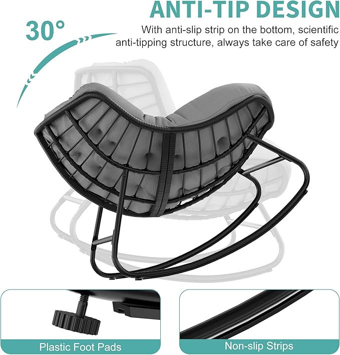 Fancyango Oversized Egg Rocking Chair for Indoor/Outdoor – All-Weather Wicker Rattan Lounge Chair with Cushion, Patio Rocker for Porch, Garden, or Balcony (Grey, 37.8" D x 36.6" W x 33" H)