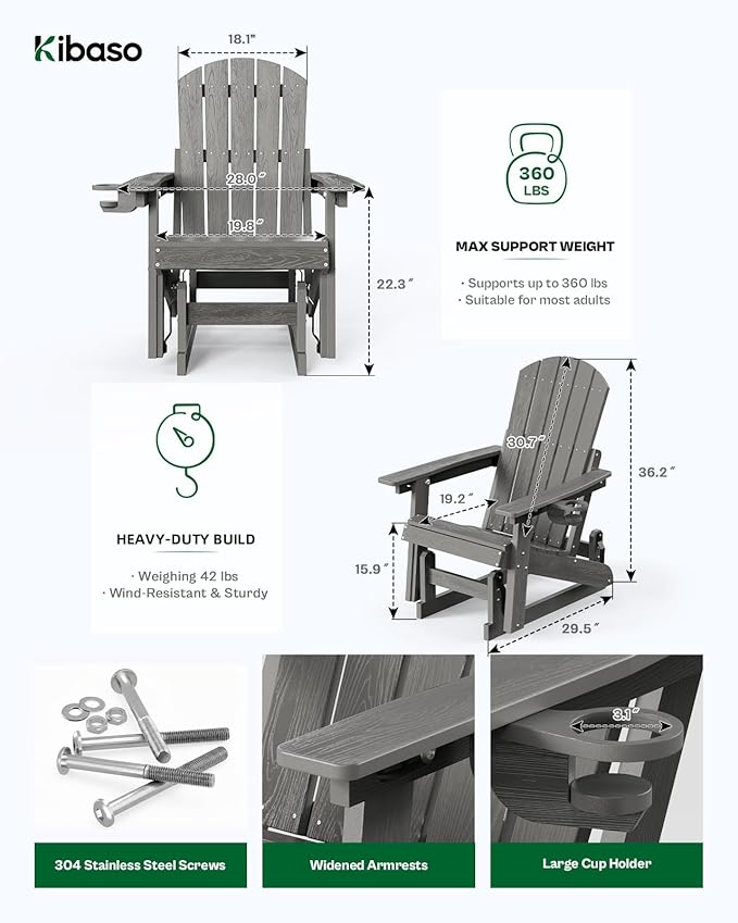 3-Position Adjustable Adirondack Chair with Cup Holder Set of 6, HDPE All-Weather Outdoor Glider Chair, Wood-Grain Fire Pit Chairs for Pool, Yard, Deck (Grey)