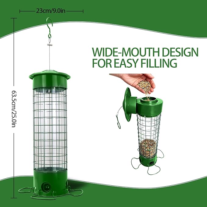 Squirrel-Proof Outdoor Bird Feeder Weight-Activated Squirrel-Proof Bird Feeder 33.5 inches Tall Wide-Mouth Design Green (Green)