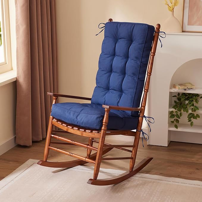 Rocking Chair Cushion, Waterproof and Fade-Resistant Patio Chair Cushions, Tufted Chair Pads for Rocker Furniture, 18x18 Inch, Indoor/Outdoor Seat Cushions with Ties, Navy Blue