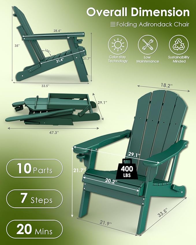 GREENVINES Folding-Adirondack-Chair | HDPE Plastic | Fire Pit Chairs | All Weather | Cup Holder | Forest | for Deck Backyard Patio Outdoor Garden