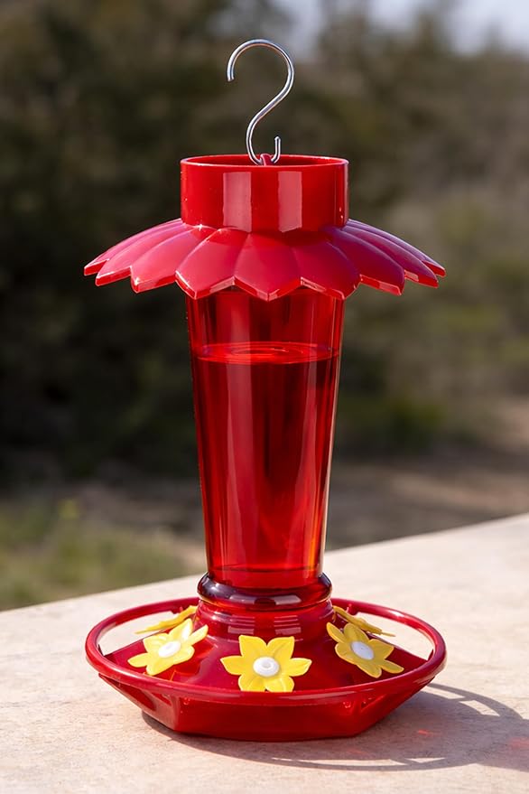 Plastic Hummingbird Feeders for Outdoors Hanging, 10 OZ Red Humming Bird Feeder with 6 Feeding Ports and Perch, Built-in Ant Moat, Gifts for Women Garden Decor, 1 Pack