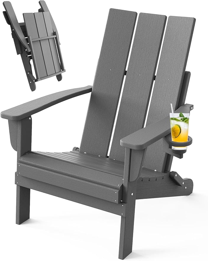 Adirondack Chair with Cup Holder, Folding Outdoor Lawn Chair, HDPE Plastic Fire Pit Chair, Weather Resistant Patio Chairs for Deck, Porch, Backyard, Garden, Slate Gray
