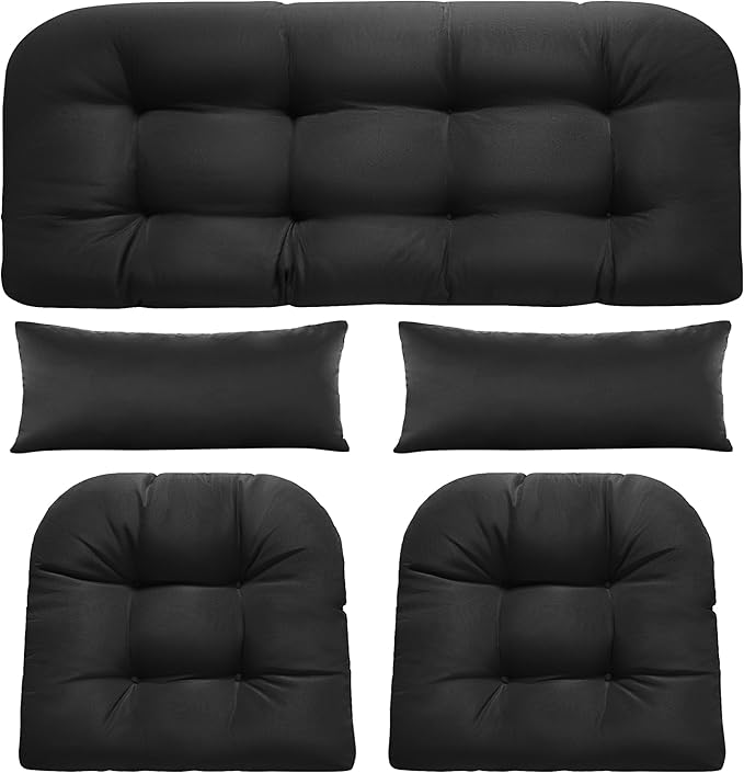 Wicker Chair Cushions of 5 Pieces, Waterproof Outdoor Loveseat Cushion for Wicker Furniture, 1 Love Seat Cushion, 2 U-Shape and 2 Lumbar Pillows for Patio Furniture (Black)
