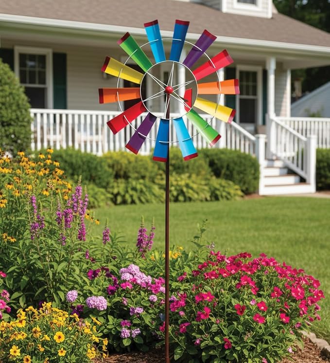 Regal Art & Gift Rainbow Wind Spinner – Metal Yard Decorations Outdoor | Kinetic Garden Spinner for Lawn, Pathway, or Flower Bed | Weather-Resistant Outdoor Sculpture - 77 Inch