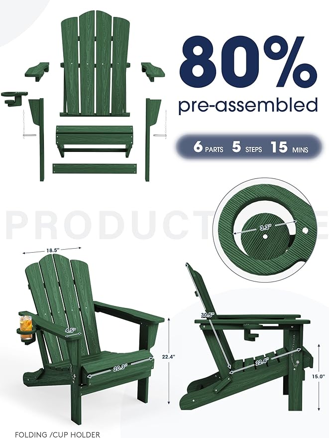 KINGYES Folding Adirondack Chair Set of 6, HDPE All-Weather Folding Adirondack Chair, Green