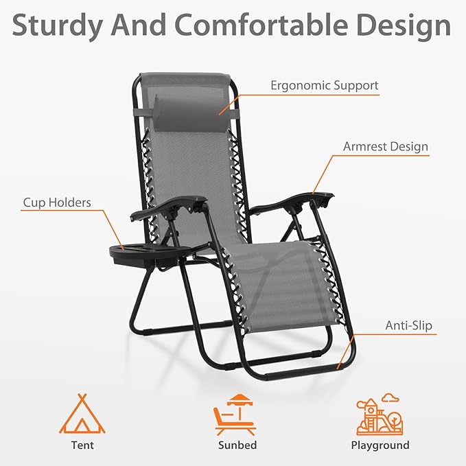 Zero Gravity Chairs, Portable Folding Reclining Lounge Chairs with Adjustable Pillow and Cup Holder Trays for Outdoor, Patio, Beach, Camping, Garden, Poolside, Set of 2 Gray