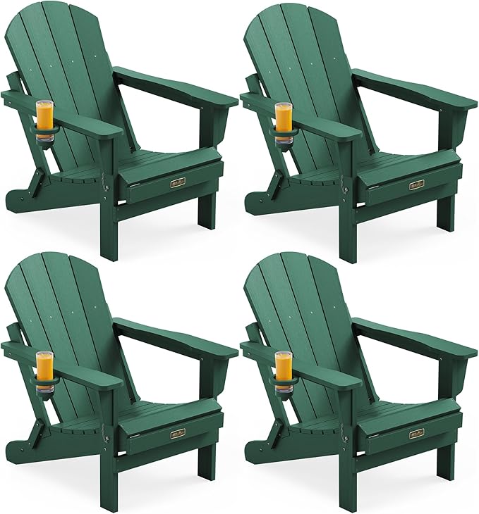 SERWALL Foldable Adirondack Chair Set of 4 for Patio Garden Outdoors Fire Pit Chairs-Green