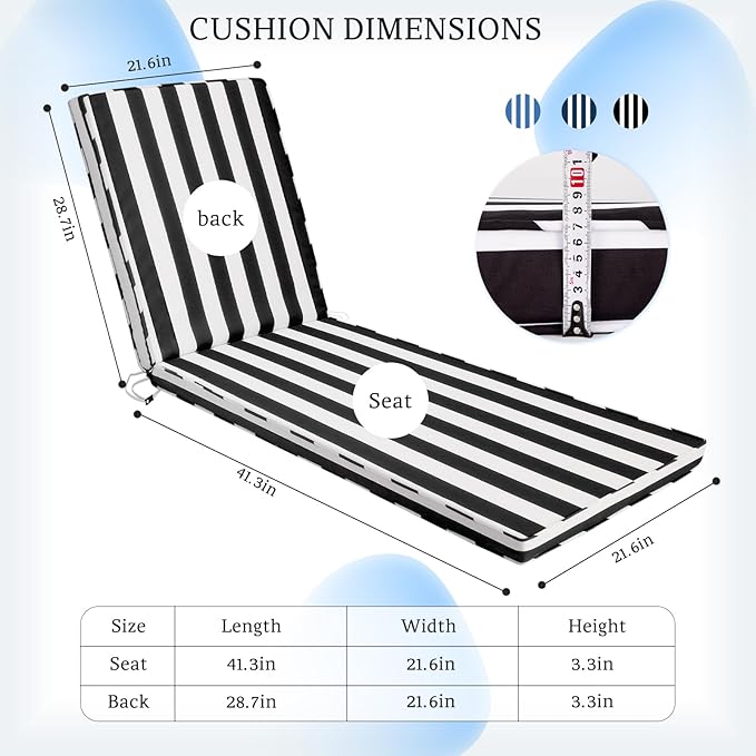 Chaise Lounge Cushions Outdoor, 71"x22"x3" Patio Lounge Chair Furniture Cushions with Washable Covers for Pool, Patio, Lawn (Black+White Stripes, 1 Pcs)