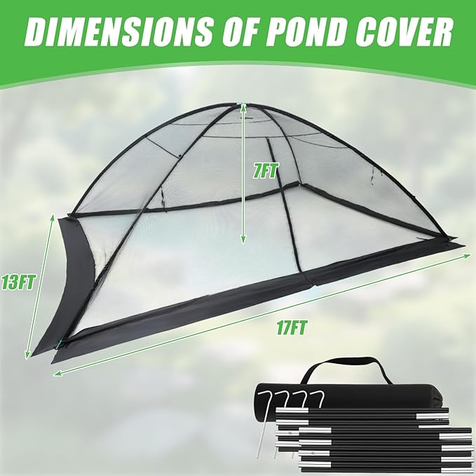 Pond Cover Dome Net 13x17 ft Netting Pond Covering Tent with Zipper Storage Straps, Fiberglass Poles, Ground Nails, Tie Ropes for Outdoor Garden Fish Pool Protection from Leaves Animals