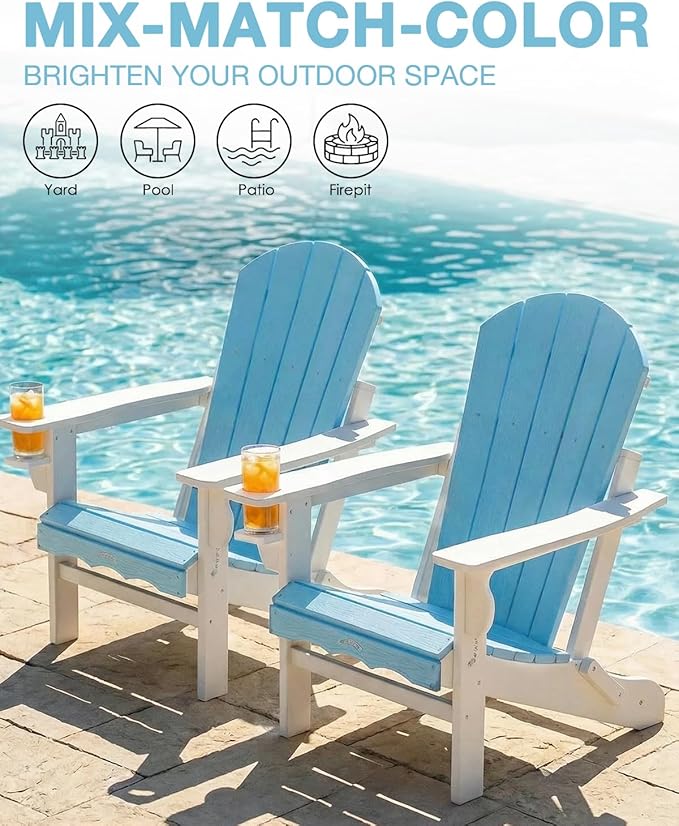 Folding Adirondack Chair –Recyclable HDPE Outdoor Adirondack Patio Chair with Cup Holder, Wood Texture & Umbrella Hole, 25-Year Fade-Free All Weather for Fire Pit, Porch, Poolside, Deck, Aruba & White