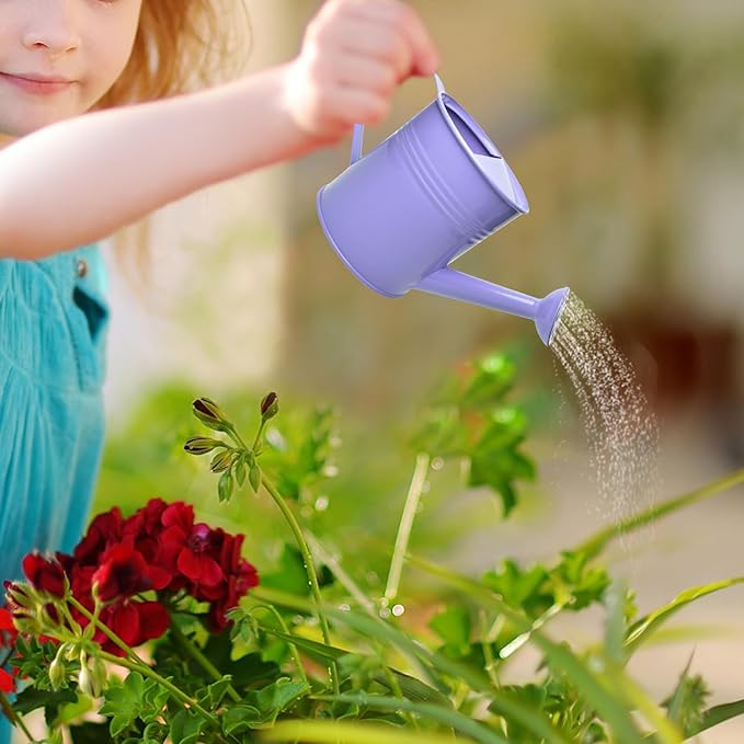 Small Metal Watering Can Set, Pink, 1.2L and 0.23L Garden Cans with Long Spout, Indoor Outdoor Plant Care (Purple)
