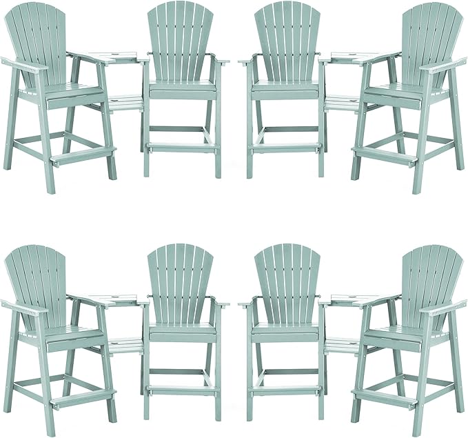Tall Adirondack Chairs Set of 8, HDPE Balcony Chair with Double Connecting Tray, Weather Resistant Outdoor Adirondack Bar Stools for Patio, Deck, Patio, Backyard, Balcony. (Lake Blue)