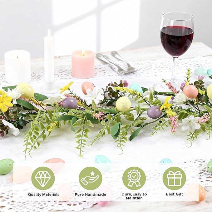 6.5 ft Easter Egg Flower Berry Garlands Decorations Spring Summer Floral Vine Garland Wreaths for Fireplace, Mantle, Table & Indoor Home Decor
