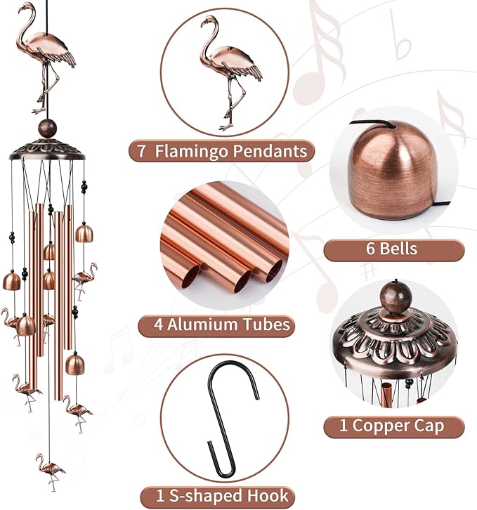 Flamingo Wind Chimes for Outside, Decorative Wind Chimes Flamingo Gifts for Women, Memorial Windchimes Outdoors with S Hook for Patio Garden Decor, Birthday Gifts for Mom Grandma