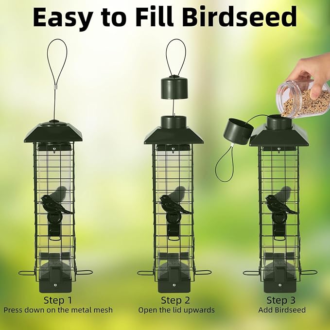 Squirrel Proof Bird Feeder, Metal Mesh Bird Feeder for Outside, Large Capacity and 4 Ports Perches (Green)