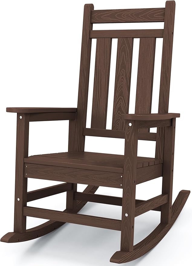 KINGYES Outdoor Rocking Chair, All-Weather Patio Rocking Chairs for Porch, HDPE Rocking Outdoor Chairs with High Back for Adult, Heavy Duty Outdoor Patio Rockers for Garden, Lawn, Coffee