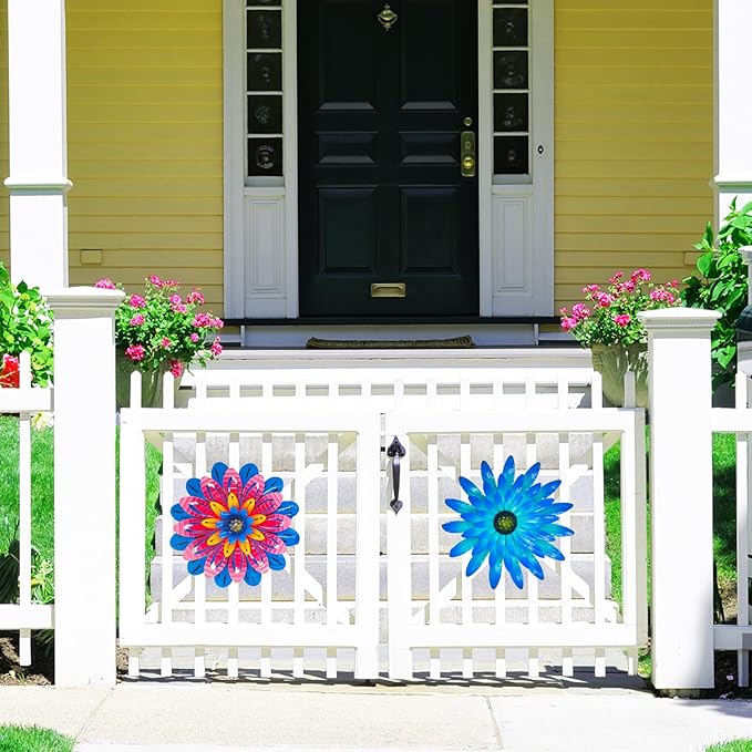 2PCS 12 Inch Metal Flower Wall Decor - Blue and Red, Vibrant Rustic Modern Hanging Art Sculpture - Decoration for Farmhouse, Fence, Patio, Living Room - Kitchen and Bathroom Art Wall Decor