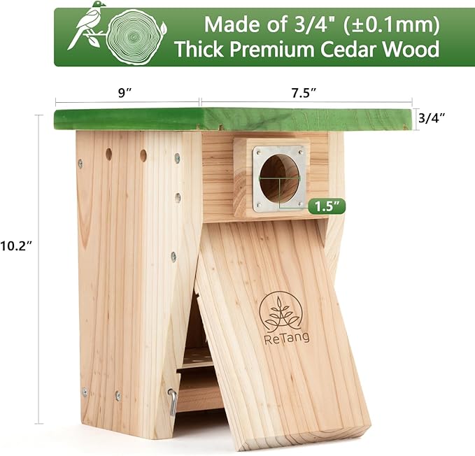 3/4 Inch Thick Cedar Bird House with Metal Predator Guard | Squirrel Proof Nesting Box for Easy Cleaning | Outdoor Wooden Bluebird House for Wild Bird Watching, Swallow, Wren, Chickadee
