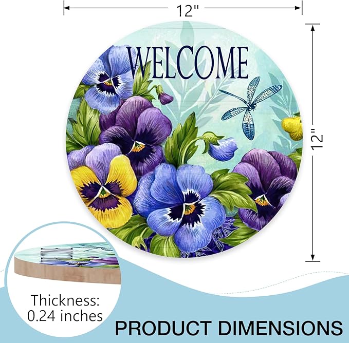 Deroro Welcome Spring Summer Floral Flower Sign for Front Door Decor, Pansy Dragonfly Wood Door Hanger for Outdoor Outside Porch, Seasonal Vintage Wooden Wreath Indoor Wall Hanging Decoration