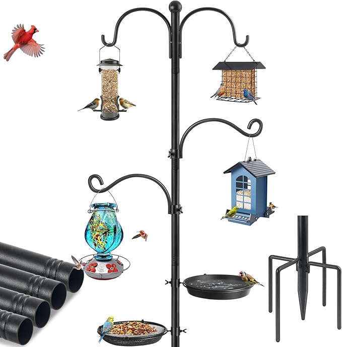 Bird Feeder Pole, Bird Feeding Station 88 Inch Shepherds Hooks for Outdoor Heavy Duty 1 Inch Dia Humming Birds Feeder Stand Hanger Post with 4 Hooks, Water Bowl and Birds Seed Tray