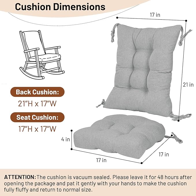 Lokex Rocking Chair Cushion 4 Inch Extra Thick, Cushions for Rocking Chairs Set of Seat and Back with Ties, Linen Fabric Indoor Outdoor Rocker, 17x21 & 17x17 Inches (Light Grey)